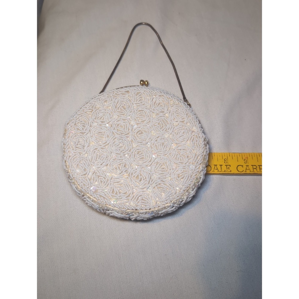 Vintage White Hand-Beaded Clutch Evening Bag W/ Clasp Handmade in Hong Kong 7" - Picture 10 of 11